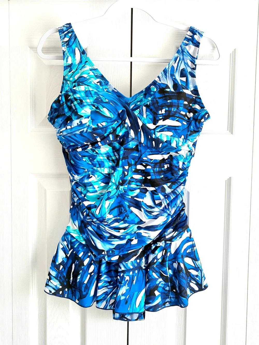 Ceeb Swim Dress 14 Blue Tropical One Piece Swimsuit Ruched Tummy Control Coastal - Picture 3 of 14